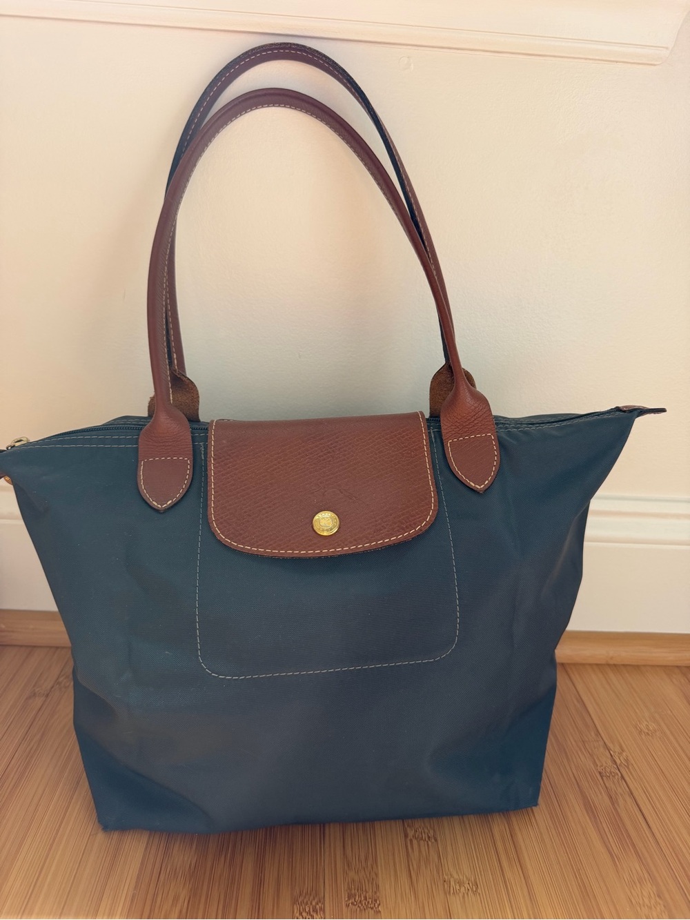 Longchamp Le Pliage Nylon Tote Bag in Grey with Brown Leather Trim